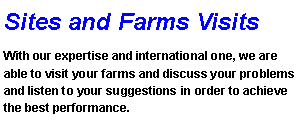 Text Box: Sites and Farms VisitsWith our expertise and international one, we are able to visit your farms and discuss your problems and listen to your suggestions in order to achieve the best performance.